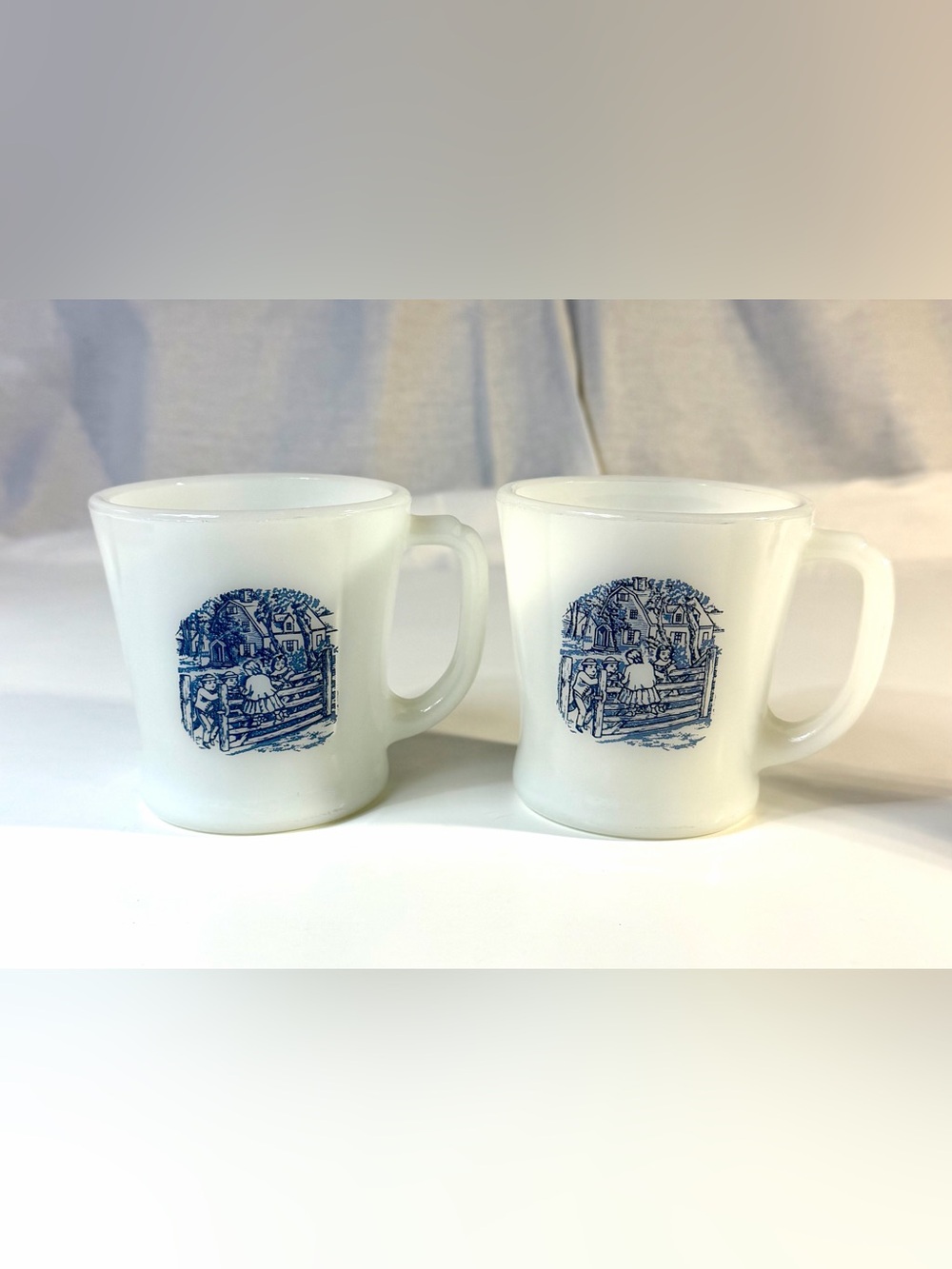 Vintage Currier & Ives Old Farm Gate Milk Glass Mugs Set 2